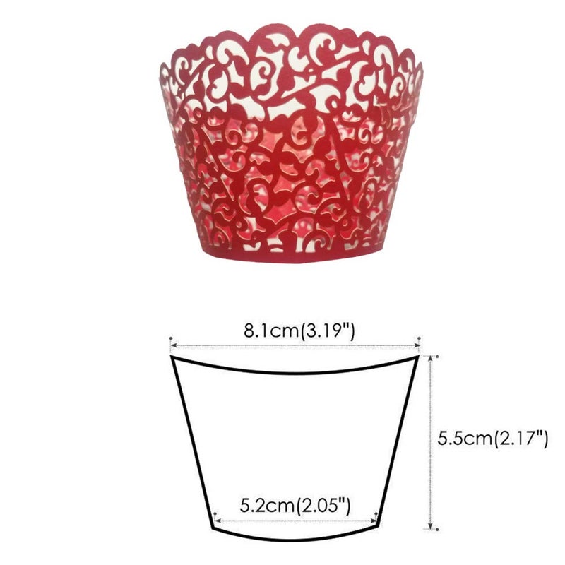 GOLF 100Pcs Christmas Cupcake Wrappers Artistic Bake Cake Paper Filigree Little Vine Lace Laser Cut Liner Baking Cup Wraps Muffin CaseTrays for Wedding Party Birthday Decoration (Red) - Image 2